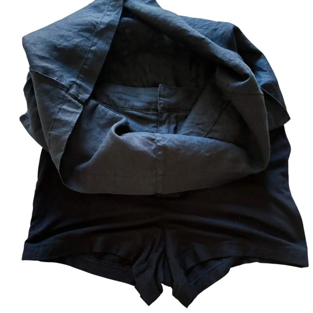 Nicole Miller Black 100% Linen Mini Skirt Patch Pockets Elastic Waist XS Summer